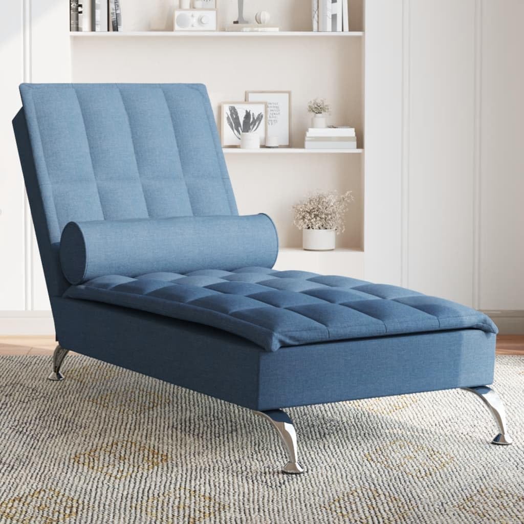 vidaXL - Blue Fabric Massage Chaise Lounge Chair with Bolster, Metal Feet, USB Vibration Function for Living Room, Bedroom, Lounge Area